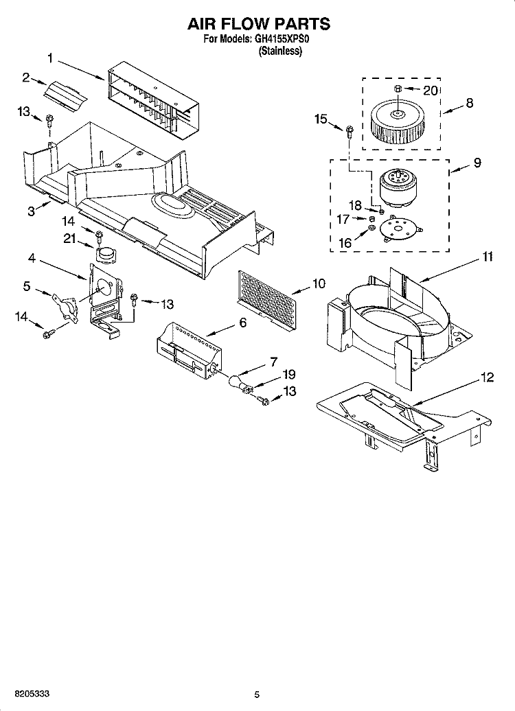 AIR FLOW PARTS Diagram and Parts List for GH4155XPS0  Whirlpool Microwave