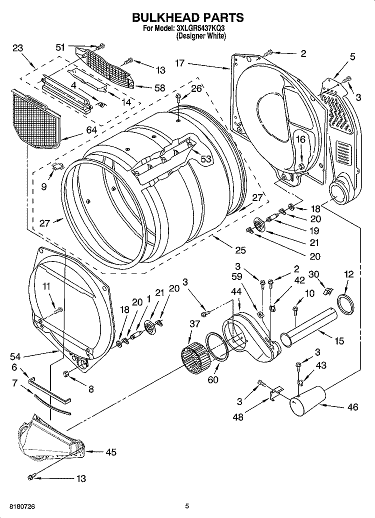 BULKHEAD PARTS Diagram and Parts List for 3XLGR5437KQ3  Whirlpool Dryer