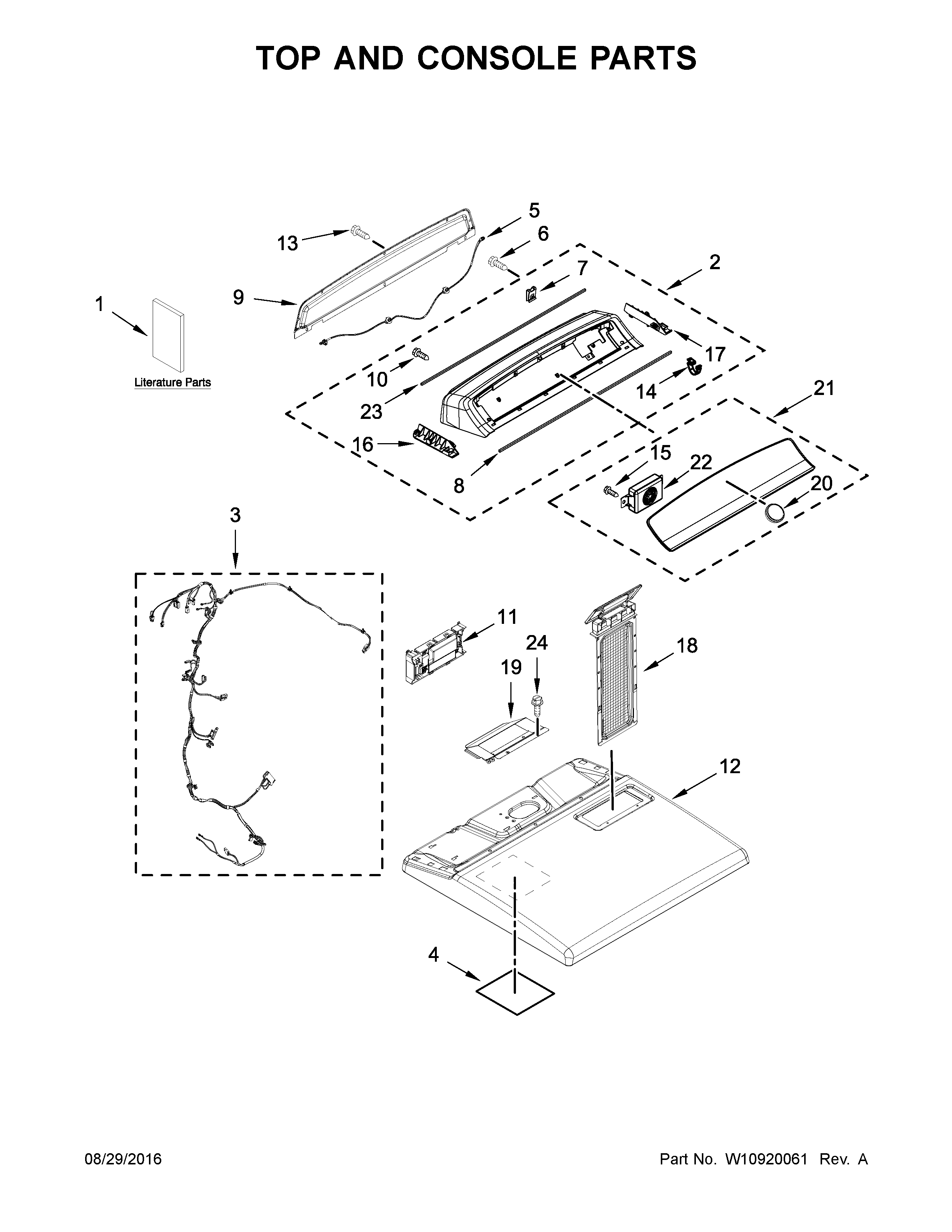 Top And Console Parts Diagram and Parts List for 11076134610  Kenmore Dryer