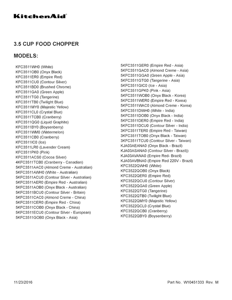 Cover Sheet Diagram and Parts List for 5KFC3511AAC0  KitchenAid Food Processor
