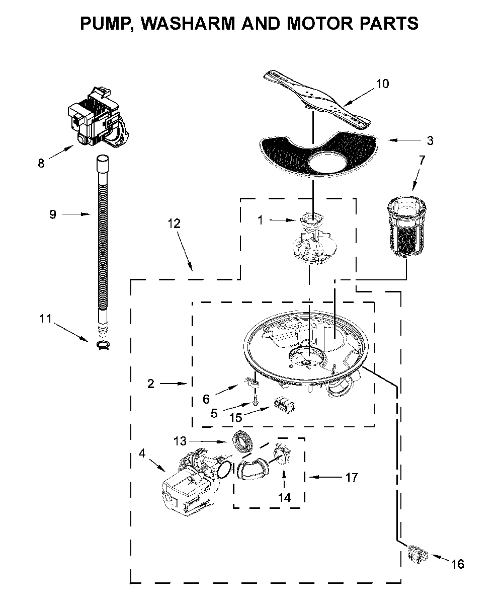 Pump, washarm and motor parts Diagram and Parts List for 66514502N020  Kenmore Dishwasher