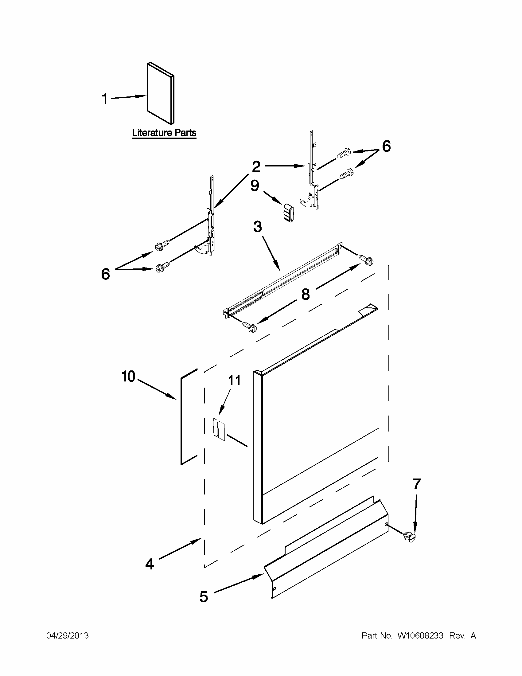 Door And Panel Parts Diagram and Parts List for 66517152K211  Kenmore Dishwasher
