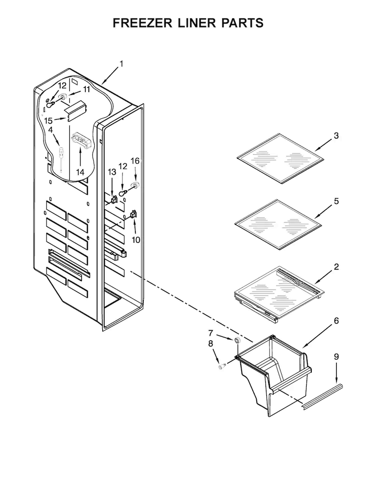 Freezer Liner Parts Diagram and Parts List for WRS571CIDM01  Whirlpool Refrigerator