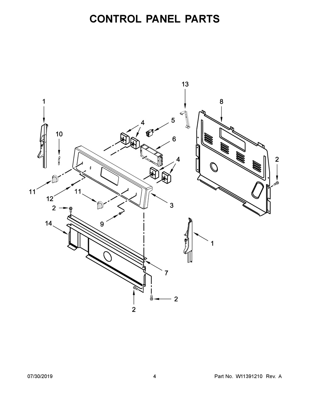 Control Panel Parts Diagram and Parts List for WFC310S0ES4  Whirlpool Range