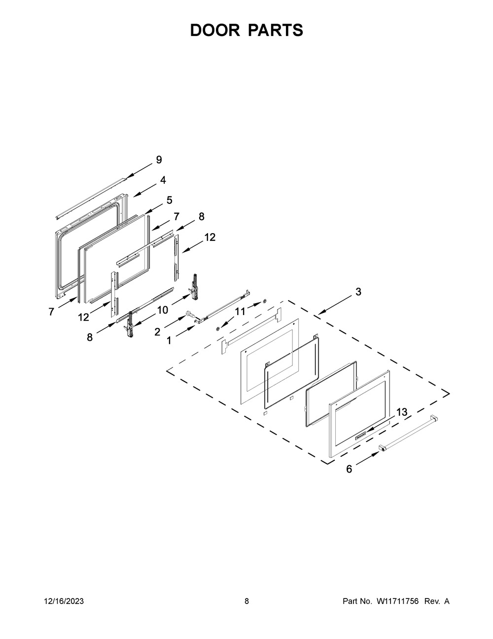 Door Parts Diagram and Parts List for KSGG700ESS7  KitchenAid Range