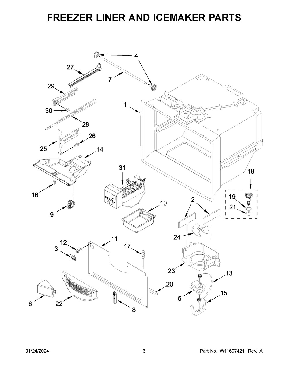 Freezer Liner And Icemaker Parts Diagram and Parts List for WRFF5333PW01  Whirlpool Refrigerator