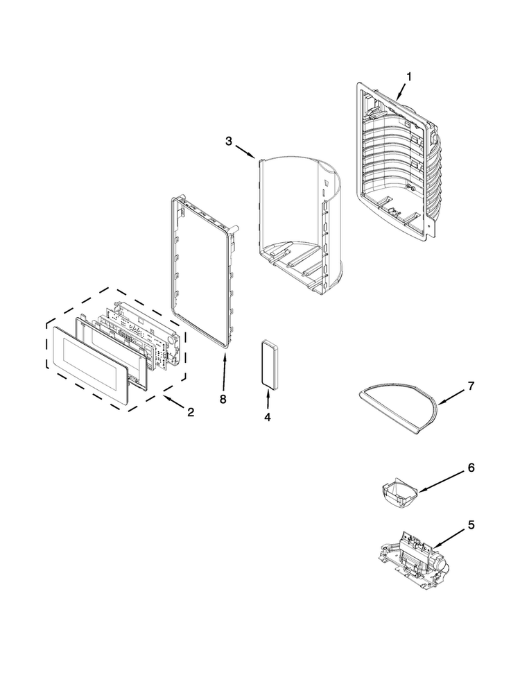 Dispenser Front Parts Diagram and Parts List for WRF989SDAF01  Whirlpool Refrigerator