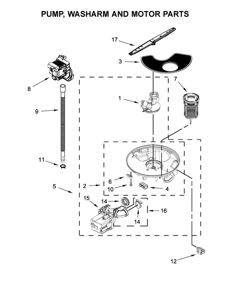 Pump, Washarm And Motor Parts Diagram and Parts List for WDF545PAFM0  Whirlpool Dishwasher
