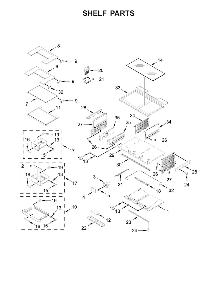 Shelf Parts Diagram and Parts List for WRF995FIFZ00  Whirlpool Refrigerator