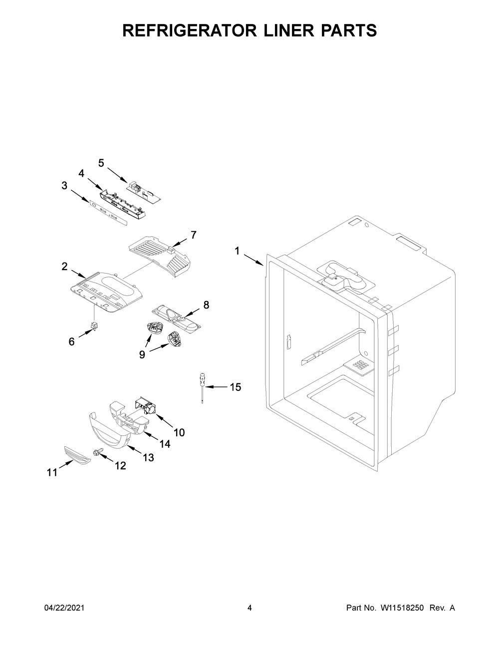 Refrigerator Liner Parts Diagram and Parts List for WRB322DMBW03  Whirlpool Refrigerator