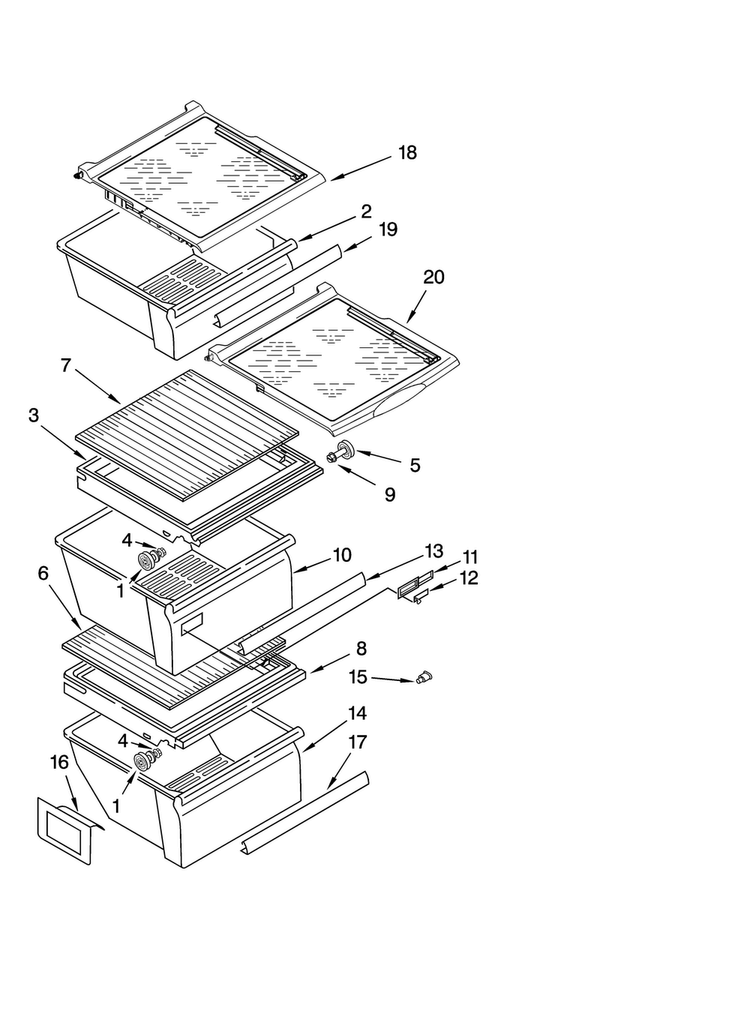 Refrigerator Shelf Parts Diagram and Parts List for ED5LVAXVQ01  Whirlpool Refrigerator