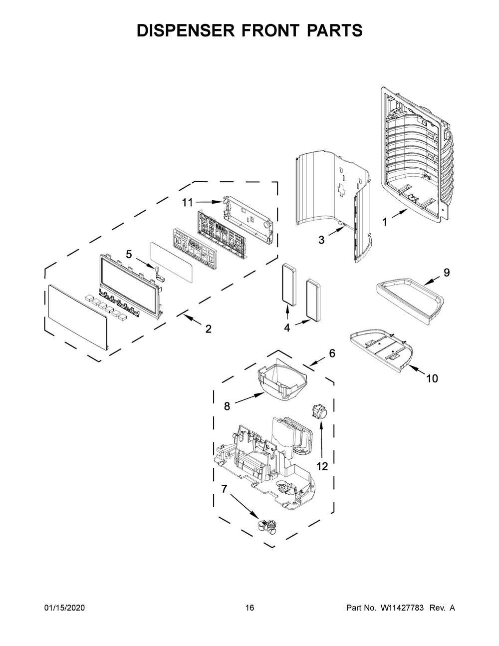 Dispenser Front Parts Diagram and Parts List for WRX735SDHZ03  Whirlpool Refrigerator