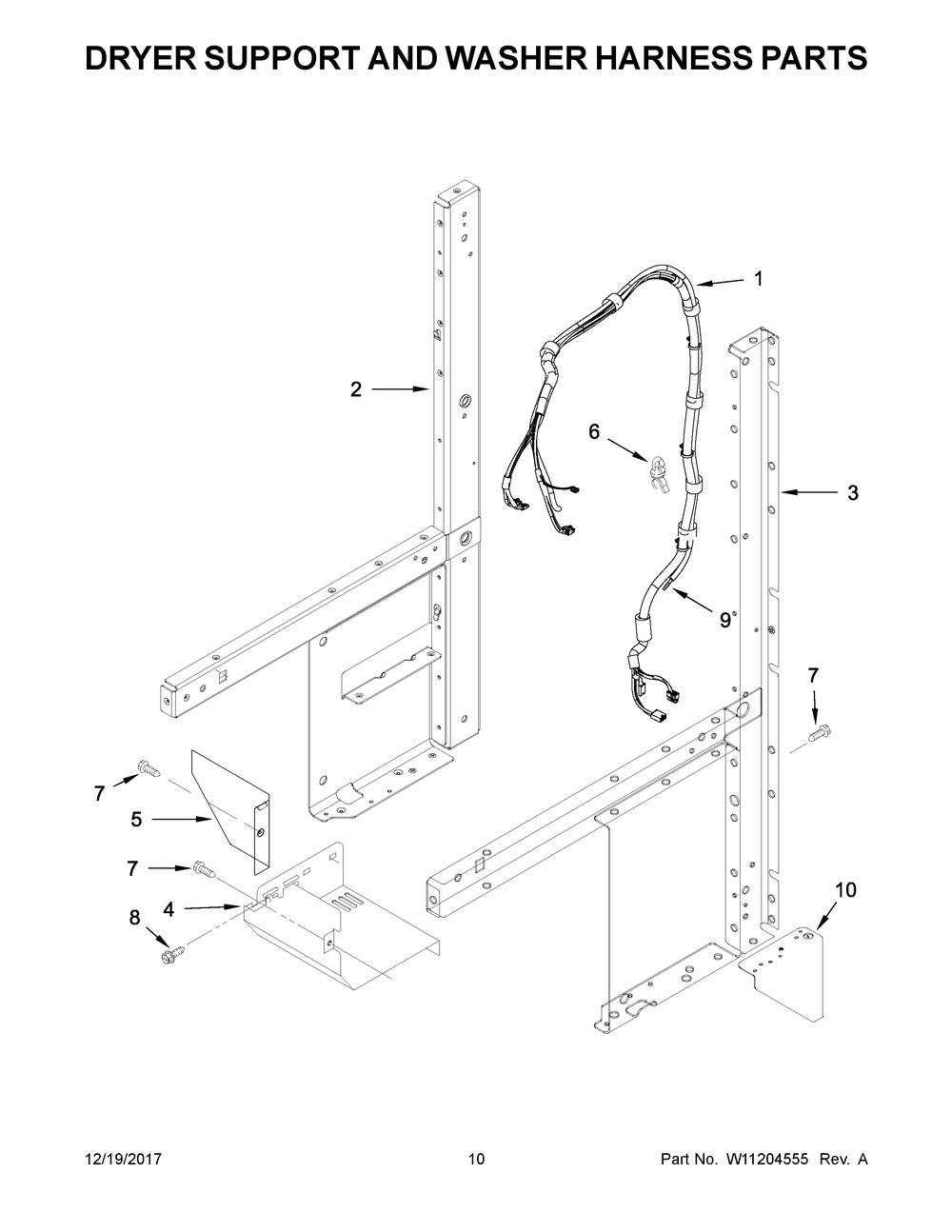 Dryer Support And Washer Harness Parts Diagram and Parts List for YWET4027HW0  Whirlpool Washer Dryer Combo