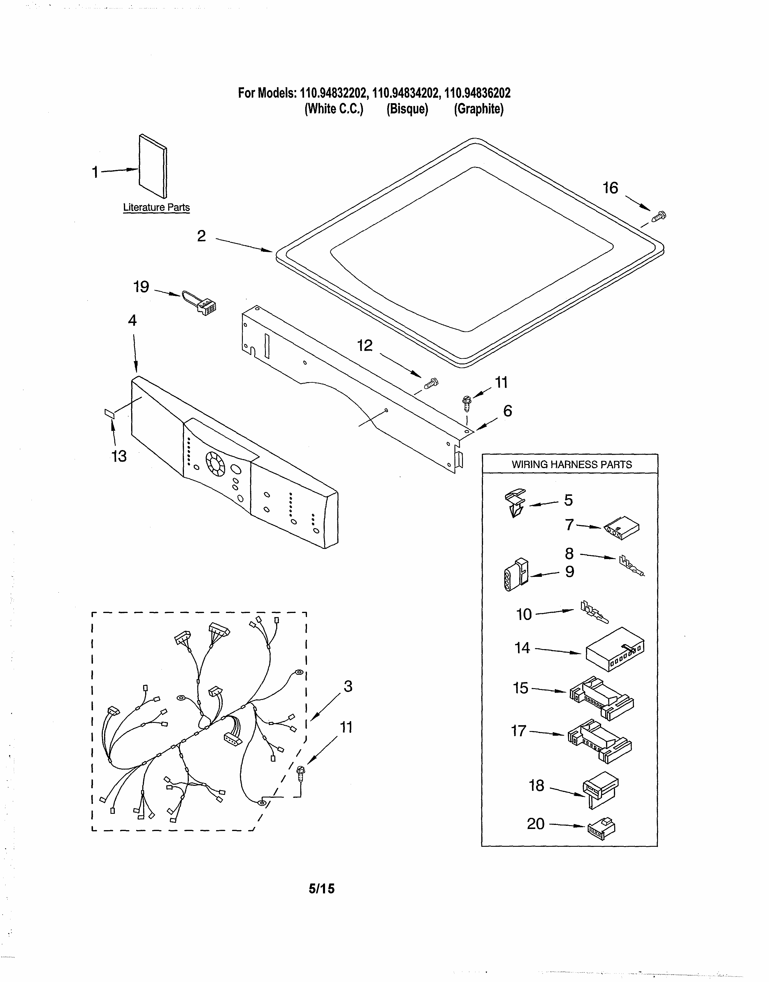 Top & Console Diagram and Parts List for 11094832202  Kenmore Dryer