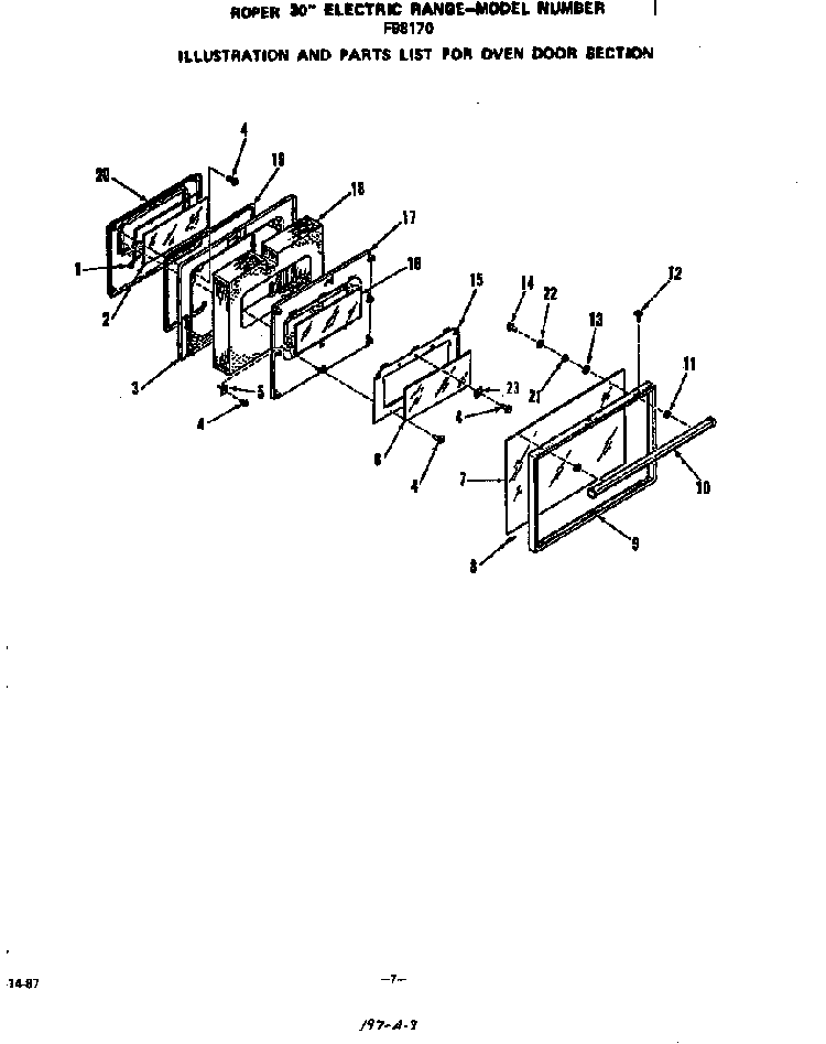 Oven Door Diagram and Parts List for F9817*0  Roper Range