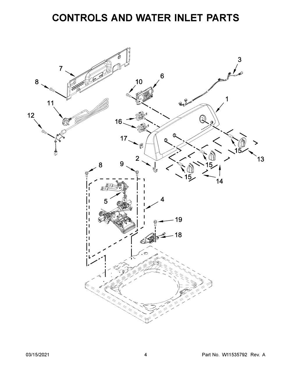 Controls And Water Inlet Parts Diagram and Parts List for 4KWTW5600JW1  Whirlpool Washer