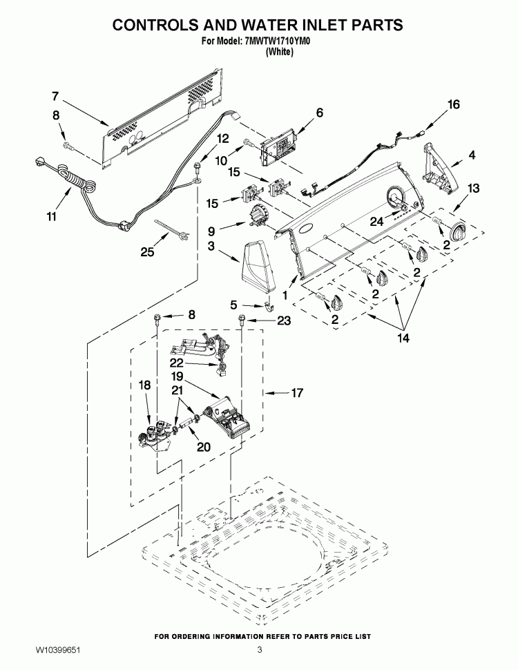 CONTROLS AND WATER INLET PARTS Diagram and Parts List for 7MWTW1710YM0  Whirlpool Washer