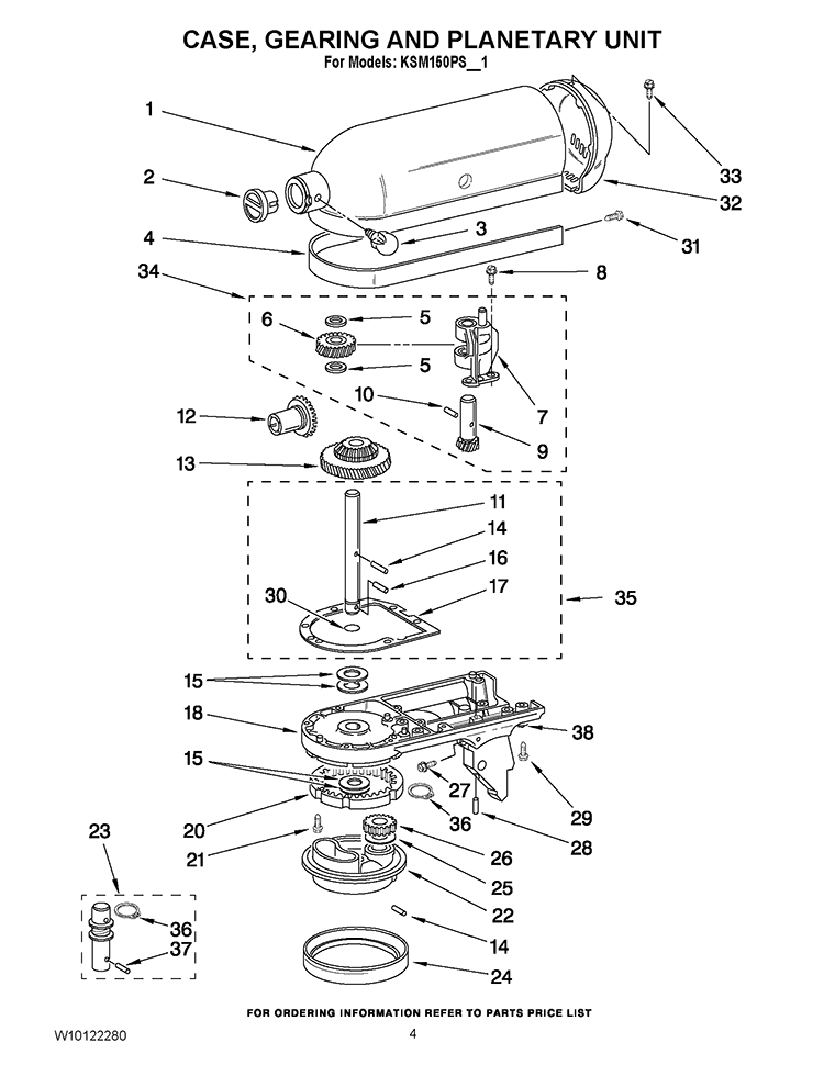 CASE, GEARING AND PLANETARY UNIT Diagram and Parts List for KSM150PSCL1  KitchenAid Mixer