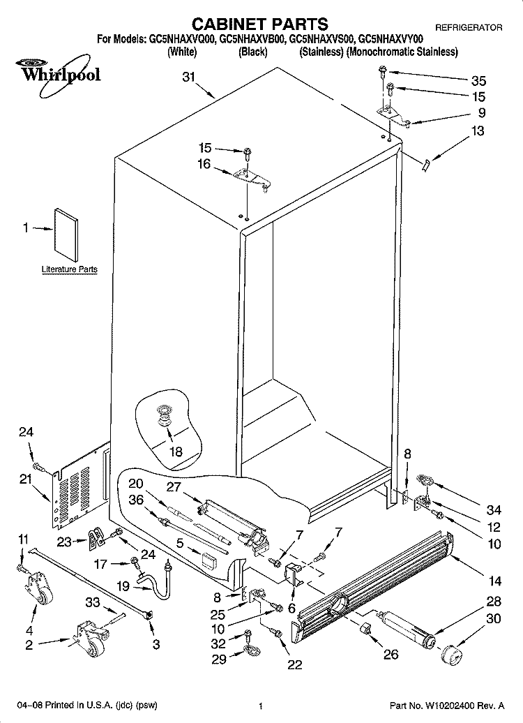 CABINET PARTS Diagram and Parts List for GC5NHAXVB00  Whirlpool Refrigerator