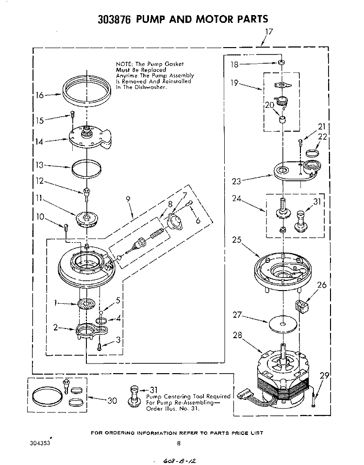 303876 PUMP AND MOTOR Diagram and Parts List for DU5040XP1  Whirlpool Dishwasher