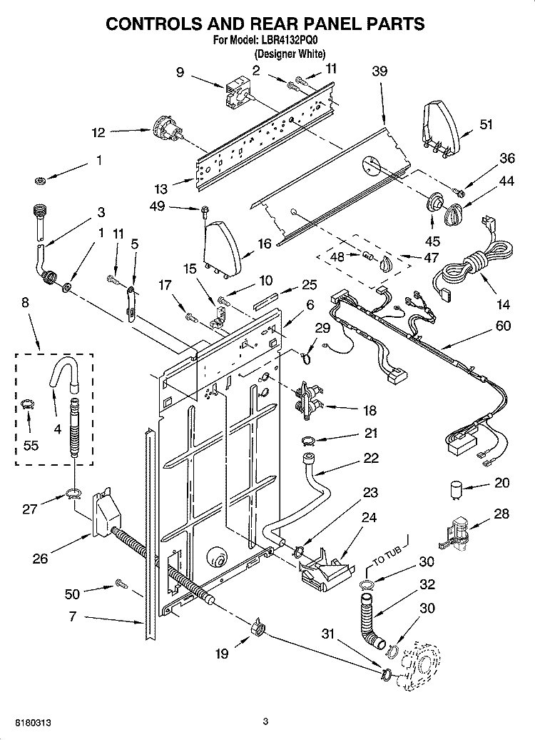 CONTROL AND REAR PANEL PARTS Diagram and Parts List for LBR4132PQ0  Whirlpool Washer