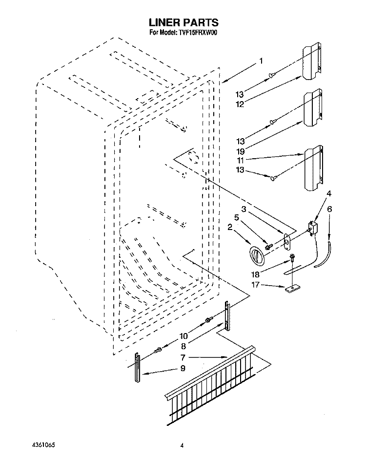 LINER, LIT/OPTIONAL Diagram and Parts List for TVF15FRXW00  Whirlpool Freezer