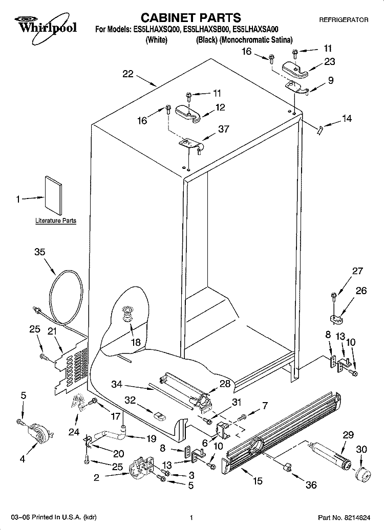 CABINET PARTS Diagram and Parts List for ES5LHAXSQ00  Whirlpool Refrigerator