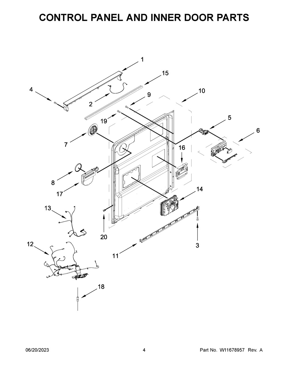 Control Panel And Inner Door Parts Diagram and Parts List for KDFE104KWH2  KitchenAid Dishwasher
