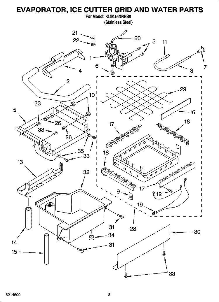 EVAPORATOR, ICE CUTTER GRID AND WATER PARTS Diagram and Parts List for KUIA15NRHS8  KitchenAid Ice Maker
