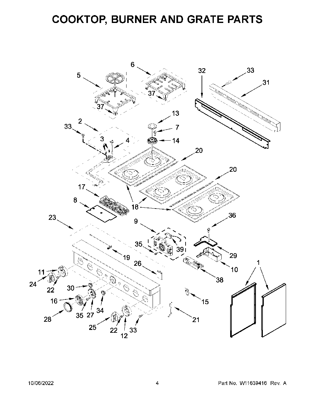 Cooktop, Burner And Grate Parts Diagram and Parts List for KFGC506JIB05  KitchenAid Range