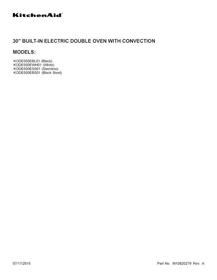 Cover Sheet Diagram and Parts List for KODE500ESS01  KitchenAid Wall Oven