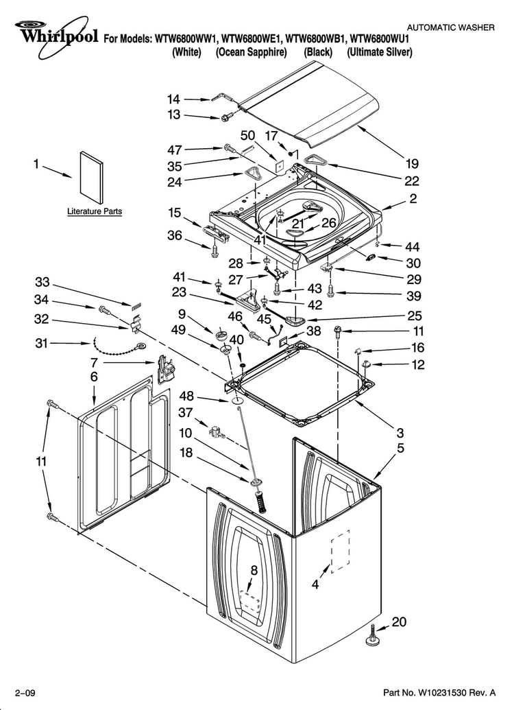 Top And Cabinet Parts Diagram and Parts List for WTW6800WE1  Whirlpool Washer
