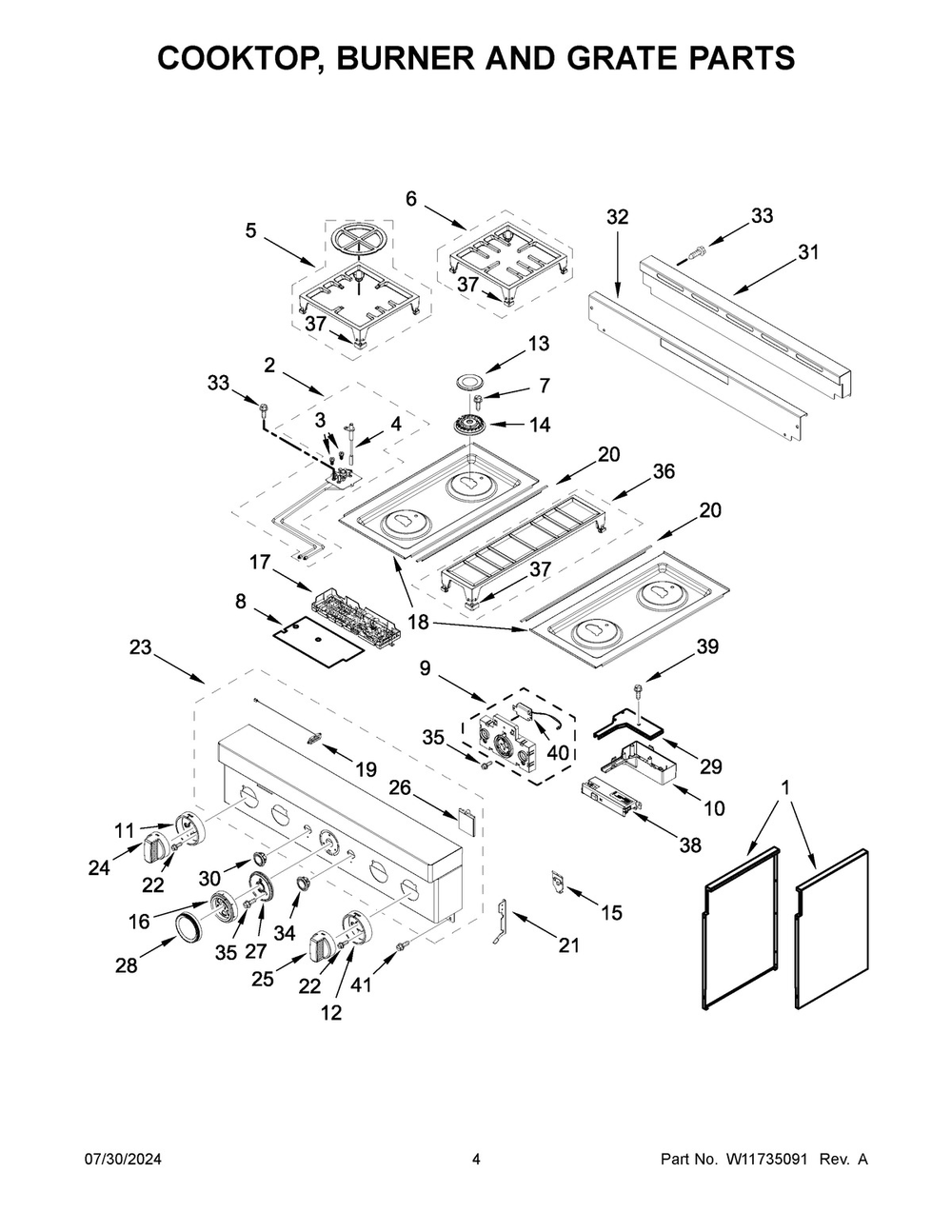 03 - Cooktop, Burner And Grate Parts Diagram and Parts List for KFGC500JYP07  Whirlpool Range