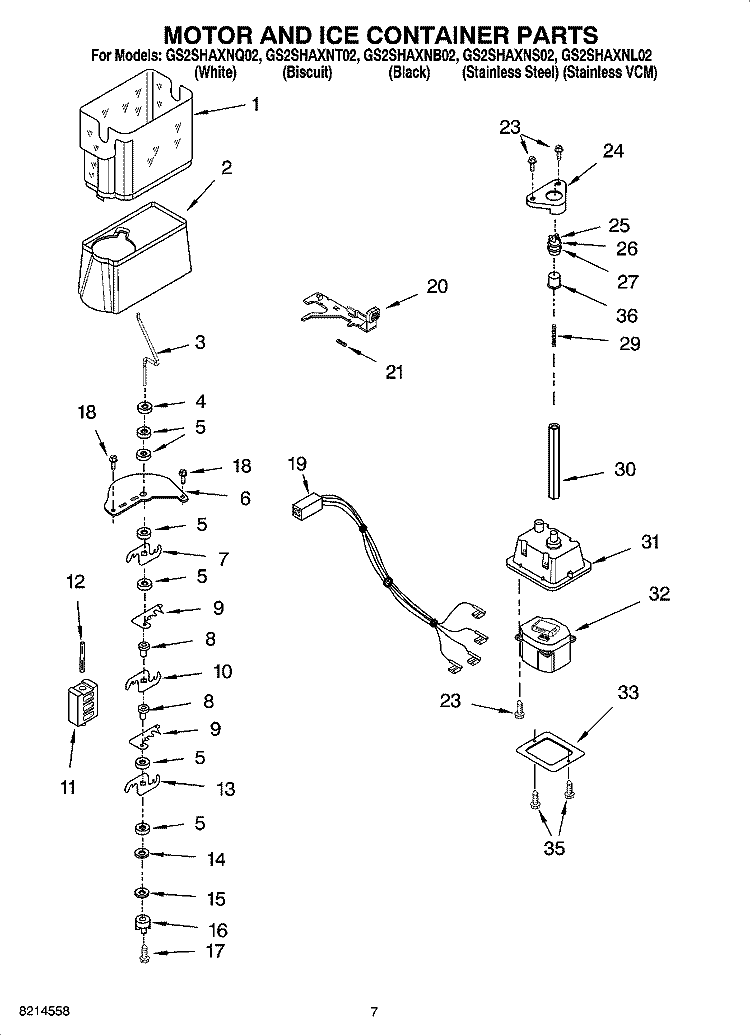 MOTOR AND ICE CONTAINER PARTS Diagram and Parts List for GS2SHAXNB02  Whirlpool Refrigerator