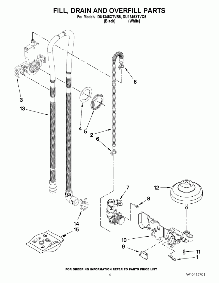 FILL, DRAIN AND OVERFILL PARTS Diagram and Parts List for DU1345XTVB5  Whirlpool Dishwasher