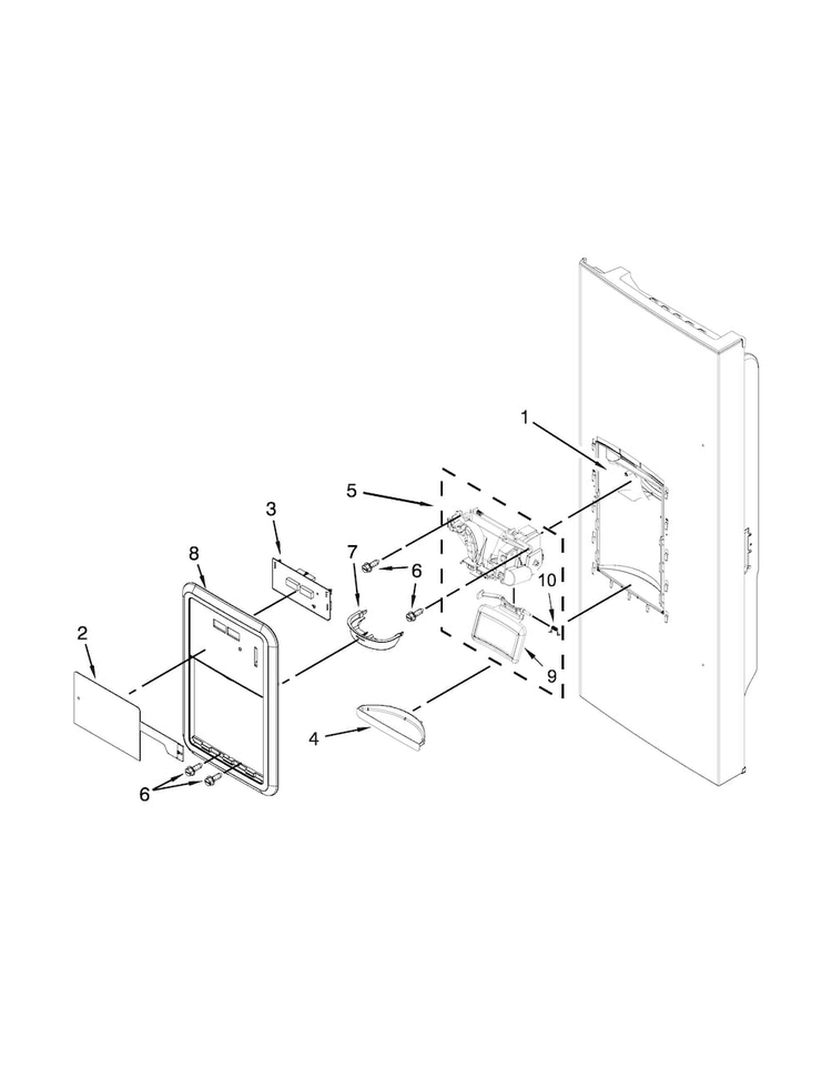 Dispenser Front Parts Diagram and Parts List for KRFC400EWH01  KitchenAid Refrigerator