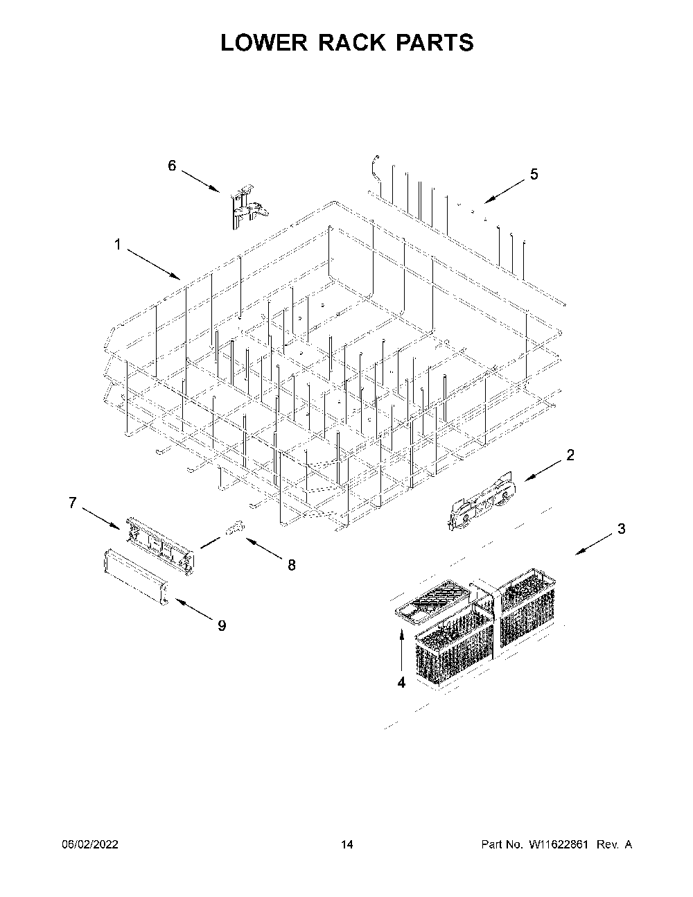 Lower Rack Parts Diagram and Parts List for KDFM404KBS1  KitchenAid Dishwasher