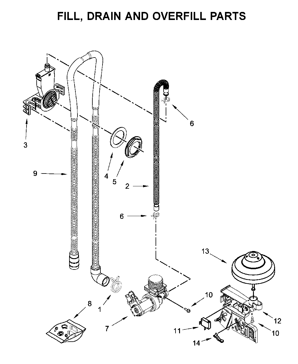 Fill, drain and overfill parts Diagram and Parts List for WDT705PAKB0  Whirlpool Dishwasher