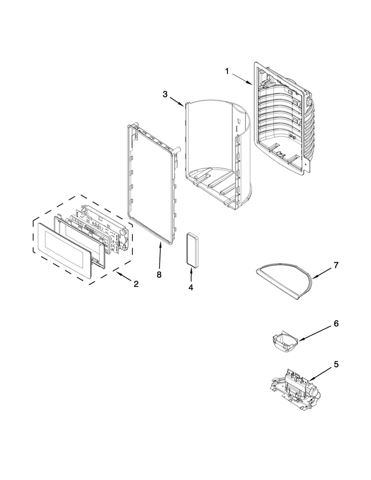 Dispenser Front Parts Diagram and Parts List for WRF990SLAM03  Whirlpool Refrigerator