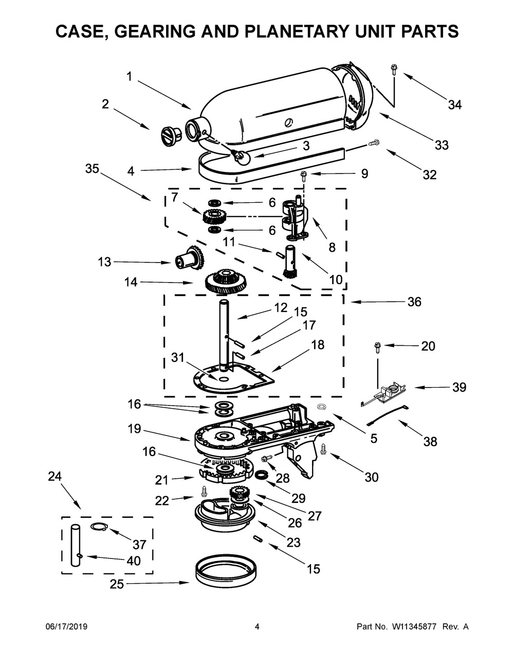 Case, Gearing And Planetary Unit Parts Diagram and Parts List for 5KSM156HMEFL4  Whirlpool Mixer