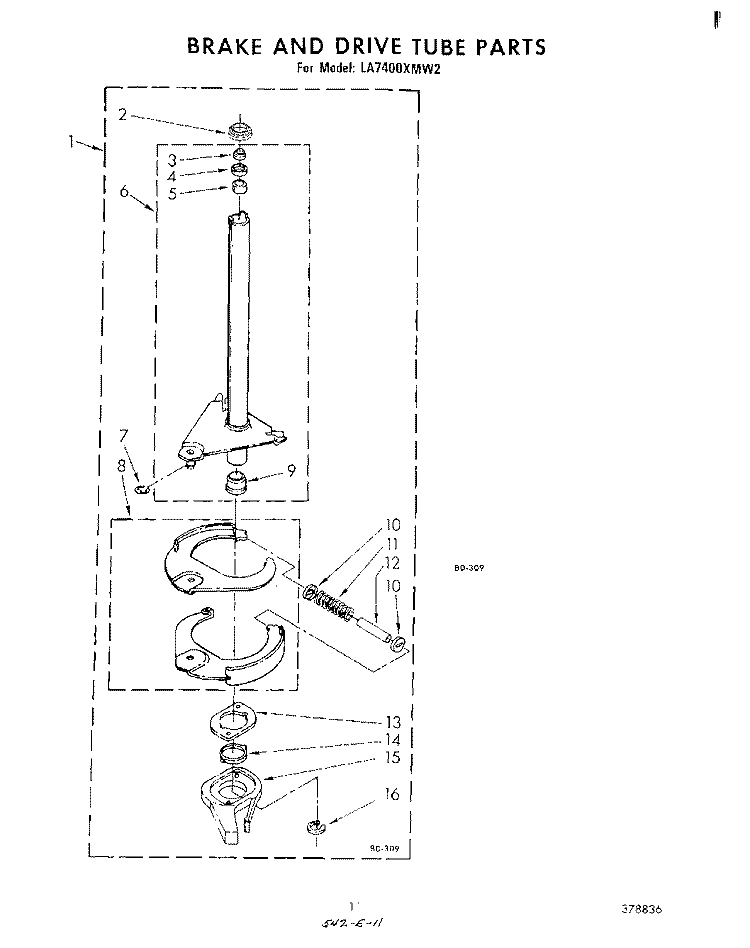 BRAKE AND DRIVE TUBE Diagram and Parts List for LA7400XMW2  Whirlpool Washer