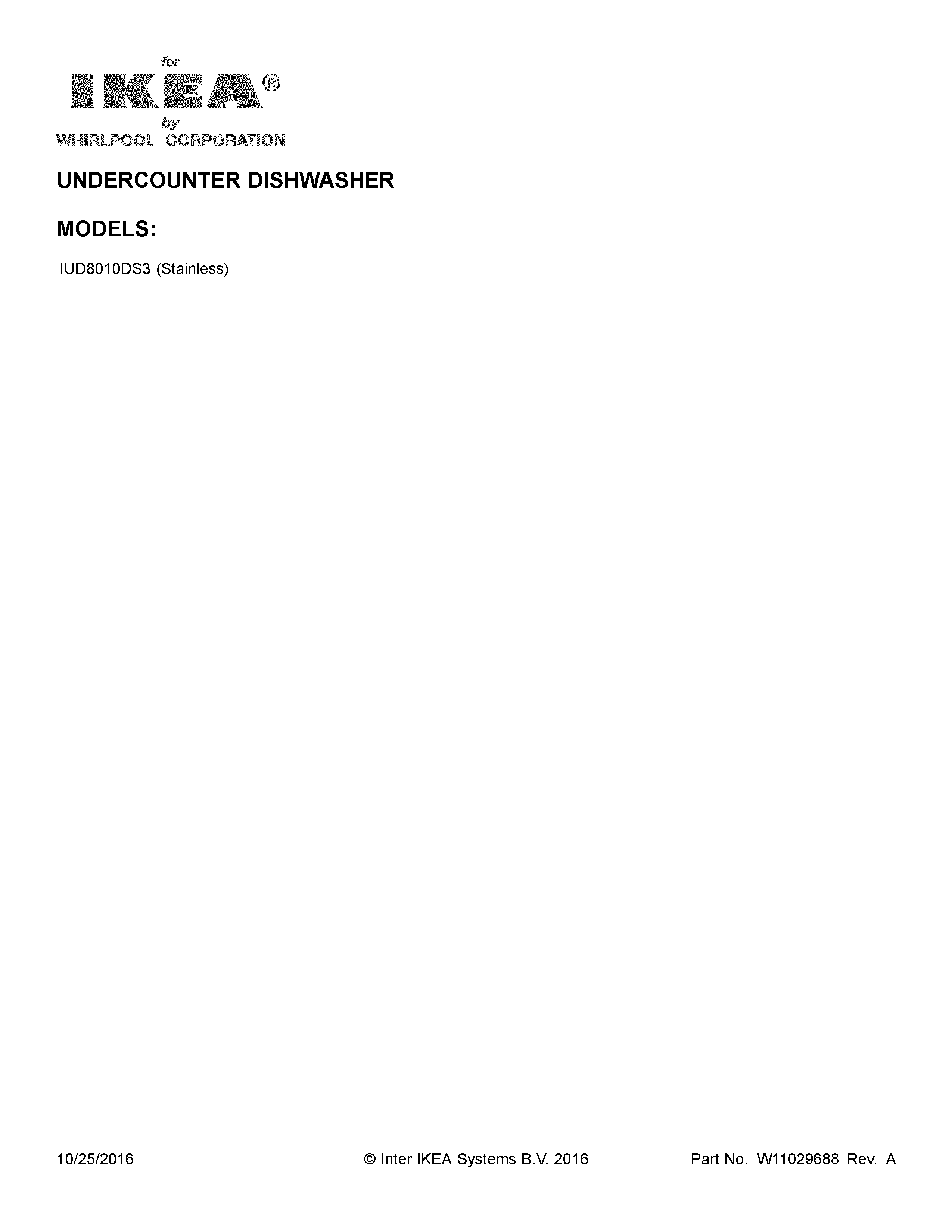 Cover Sheet Diagram and Parts List for IUD8010DS3  Whirlpool Dishwasher