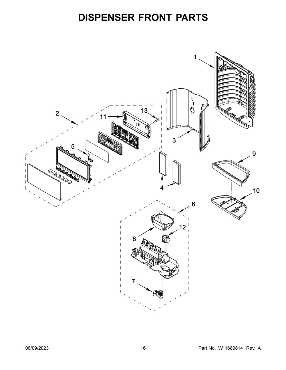 Dispenser Front Parts Diagram and Parts List for WRX735SDHW07  Whirlpool Refrigerator