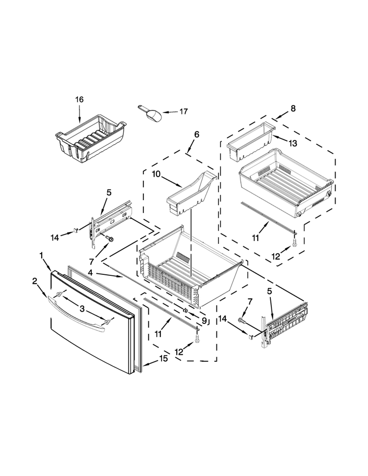 Freezer Door Parts Diagram and Parts List for WRF767SDEM00  Whirlpool Refrigerator