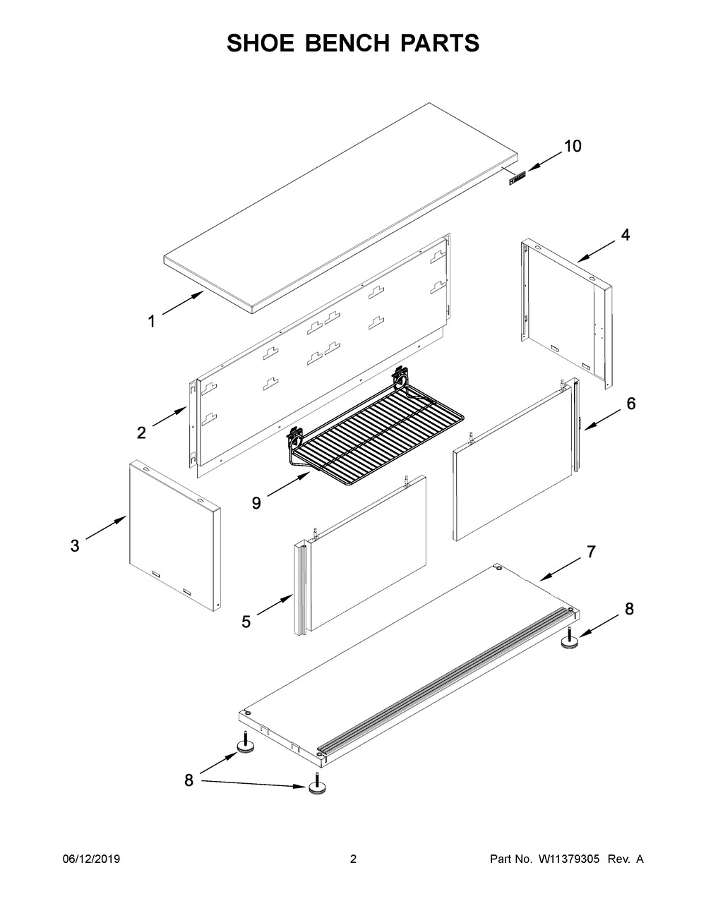 Shoe Bench Parts Diagram and Parts List for GAGB54SBJG00  Whirlpool Cabinet