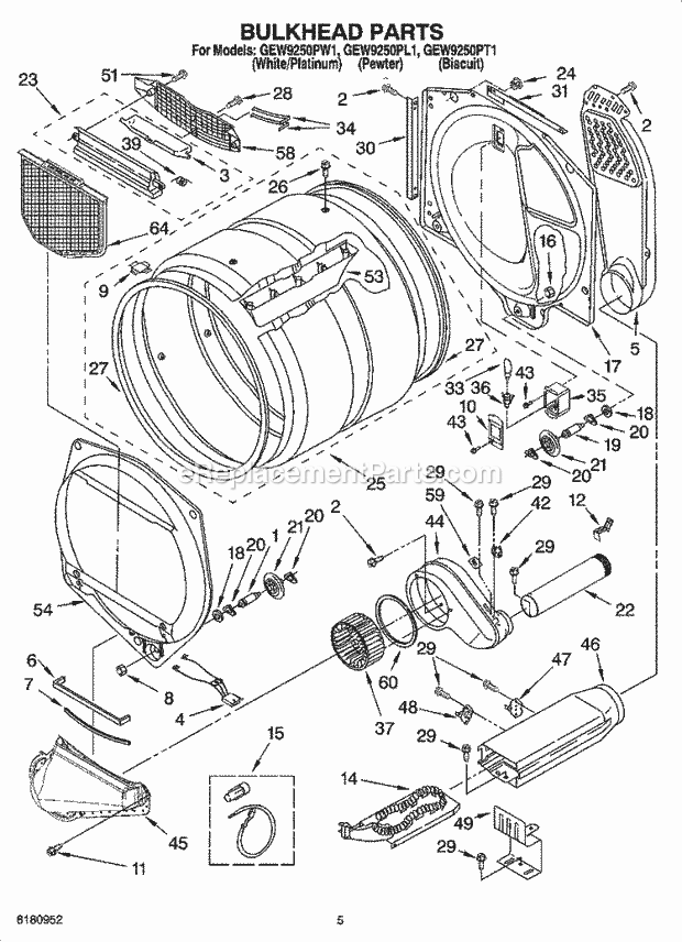 Bulkhead Parts Diagram and Parts List for GEW9250PW1  Whirlpool Dryer