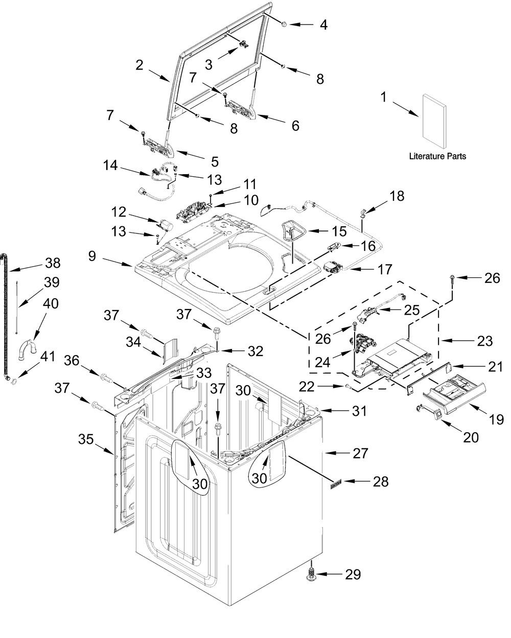 Top And Cabinet Parts Diagram and Parts List for MVW7230HW2,MVW7230HC2  Whirlpool Washer