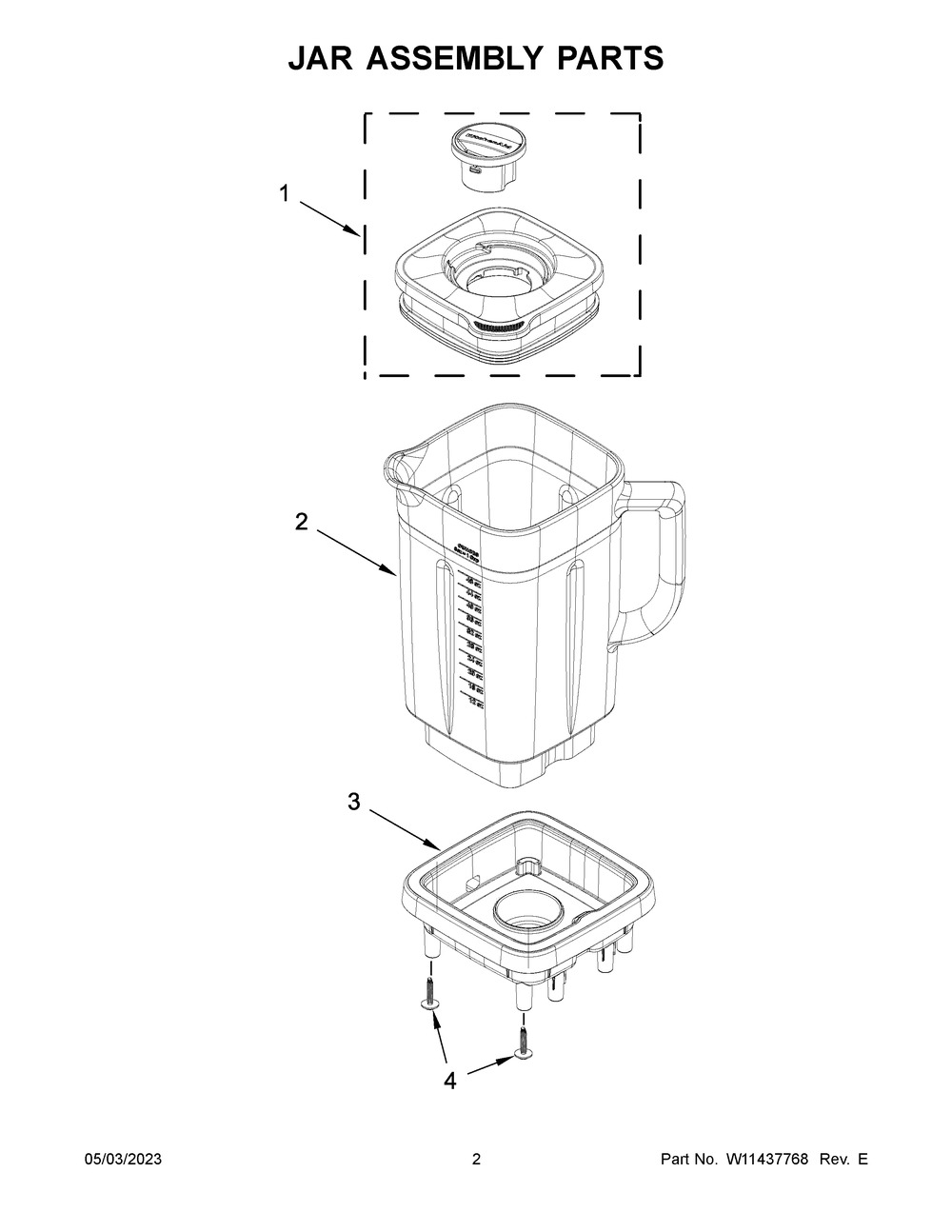 Jar Assembly Parts Diagram and Parts List for 5KSB4026BDR0  KitchenAid Blender