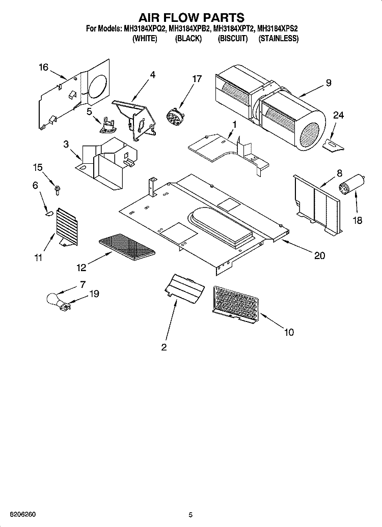 AIR FLOW PARTS Diagram and Parts List for MH3184XPB2  Whirlpool Microwave