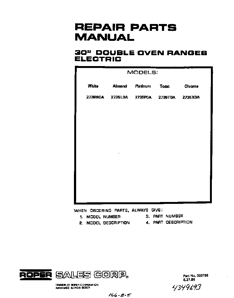 Front Cover Diagram and Parts List for 2735*0A  Roper Range